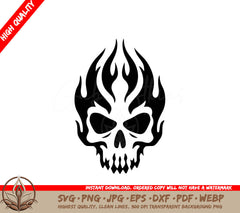 A Black And White Skull With Flames Around It