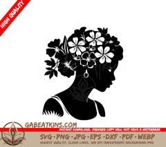 A Silhouette Of A Woman With Flowers In Her Hair SVG - Floral Crowned Beauty SVG