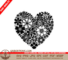 A Black And White Heart Made Of Flowers And Leaves SVG - Floral Love SVG