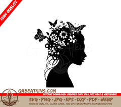 A Silhouette Of A Woman With Butterflies And Flowers In Her Hair SVG - Floral Woman SVG