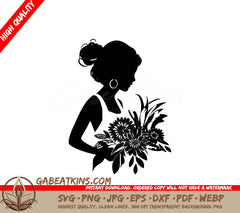 A Silhouette Of A Woman Holding A Bouquet Of Flowers SVG - Florist with Flower Arrangement SVG