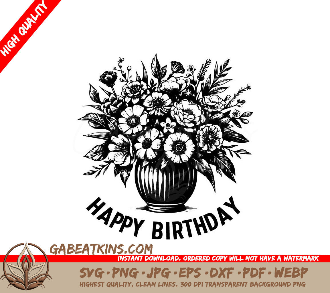 Flowers In A Vase That Says Happy Birthday SVG - Flower Birthday Wishes SVG