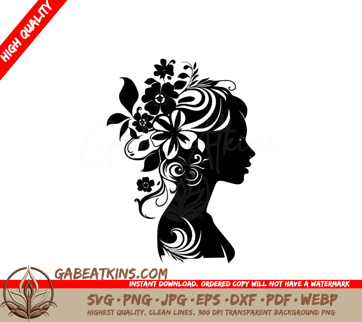 A Silhouette Of A Woman With Flowers In Her Hair SVG - Flowery Hair Lady SVG