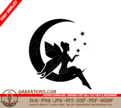 Fairy Silhouette on Crescent Moon SVG - Flying Fairy Design Design SVG