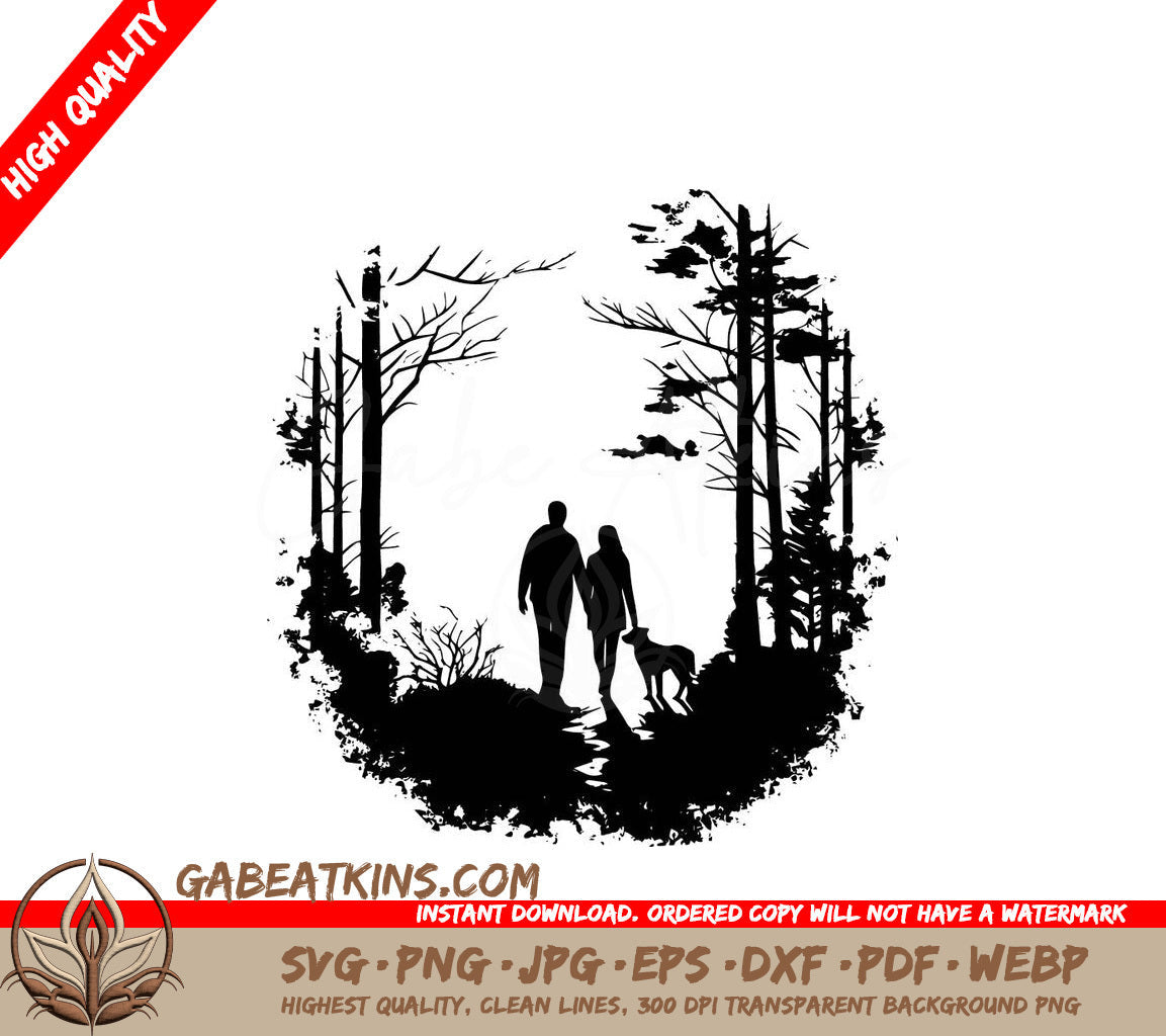 A Silhouette Of A Man And Woman Walking A Dog In The Woods SVG - Forest Family Stroll SVG
