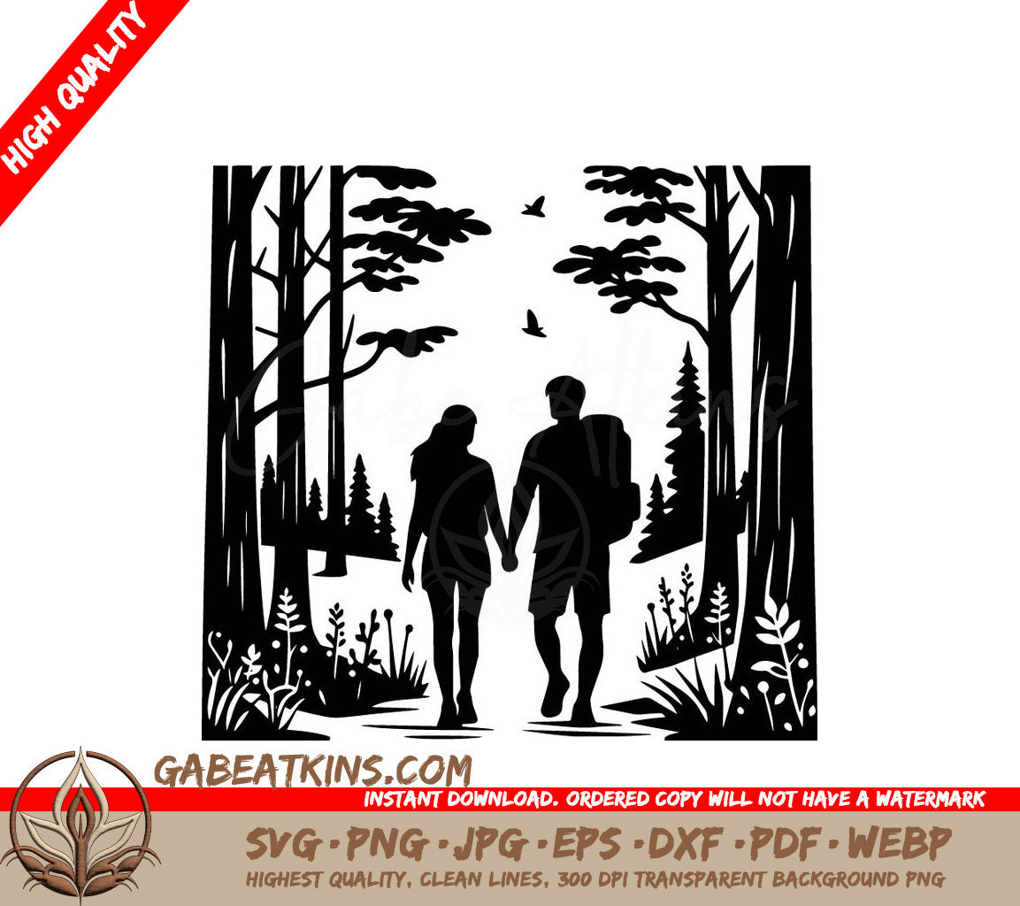 A Man And Woman Walking Through A Forest SVG - Forest Stroll SVG