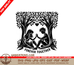 A Black And White Illustration Of A Man And Woman Holding Hands Under A Tree With The Words Forever Together Below Them SVG - Forever Tree SVG