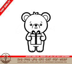 A Black And White Drawing Of A Teddy Bear Holding A Gift Box