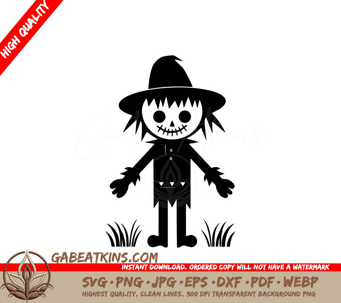 A Black And White Drawing Of A Scarecrow Standing In The Grass