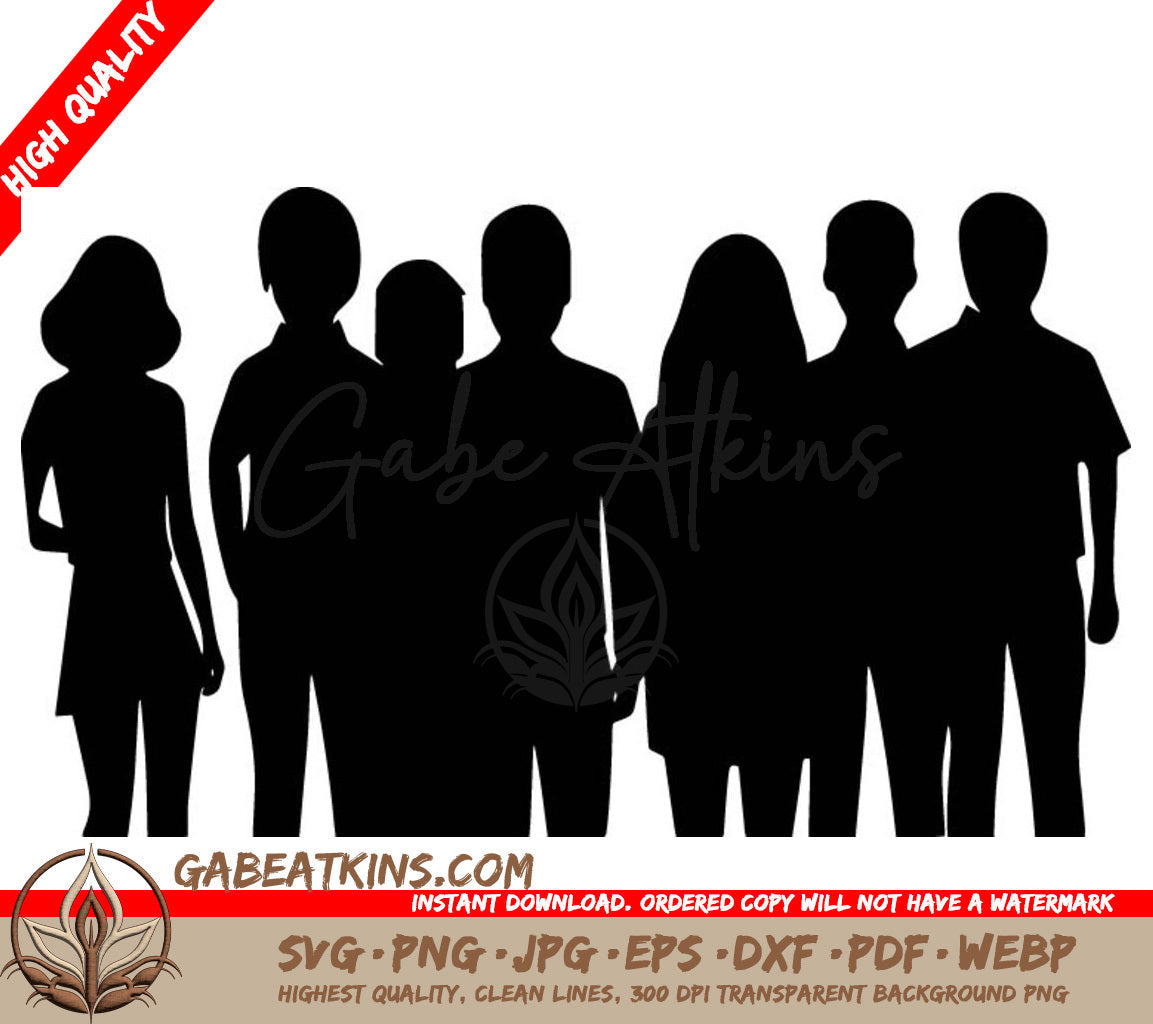 A Group Of People Are Standing Next To Each Other In A Row . SVG - Friends Silhouette SVG