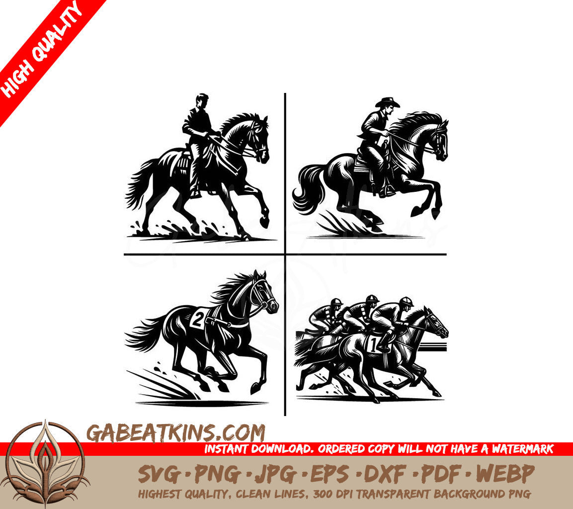 Four Black And White Illustrations Of Horses And Jockeys SVG - Funny Horse amp Horse Rider Silhouette Files for cricut SVG