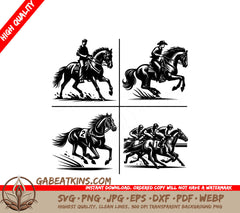 Four Black And White Illustrations Of Horses And Jockeys SVG - Funny Horse amp Horse Rider Silhouette Files for cricut SVG