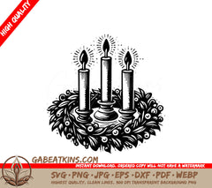 Three Lit Candles In A Wreath SVG - Glowing Wreath Trio SVG