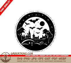 Bats Flying Over Village - Halloween Minimalist SVG Silhouette SVG