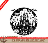 Halloween Castle with Bats & Pumpkins SVG -  Drawing SVG