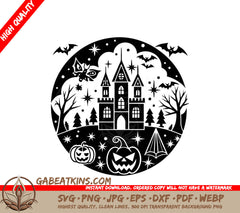 Halloween Castle with Bats & Pumpkins SVG - Drawing SVG