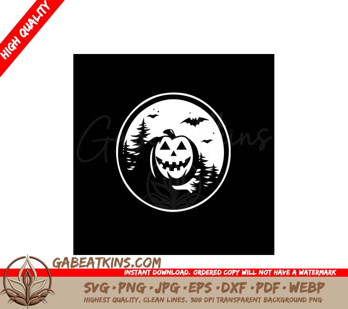 Halloween Pumpkin Circle SVG Bats, Trees, Illustration SVG