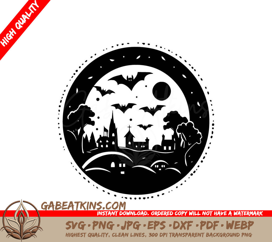 Halloween Bats Over Village SVG - Minimalist Design SVG