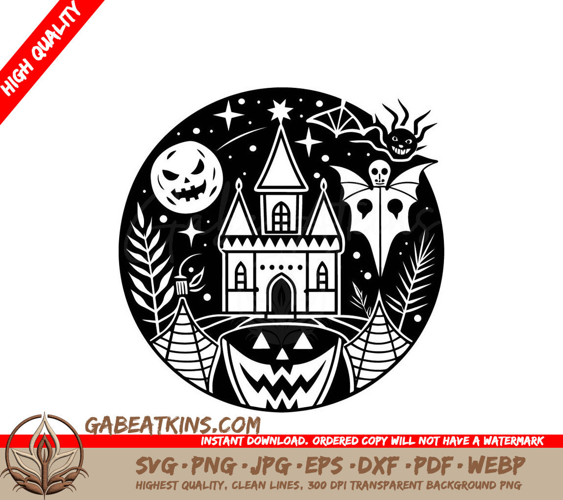 Haunted House Halloween SVG Spooky Castle with Pumpkins & Bats SVG