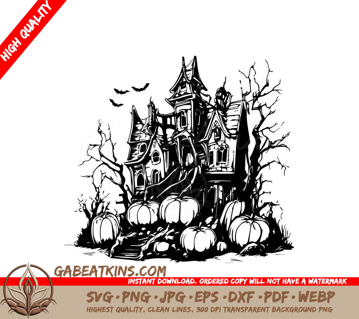 Haunted House & Pumpkins Halloween SVG - Drawing SVG