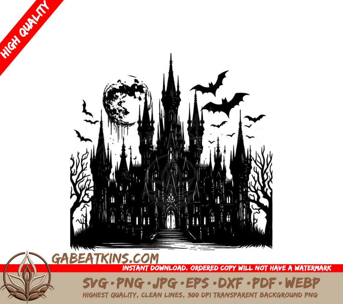 Gothic Castle Halloween SVG - Drawing with Bats and Full Moon SVG