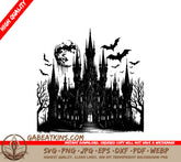 Gothic Castle Halloween SVG -  Drawing with Bats and Full Moon SVG