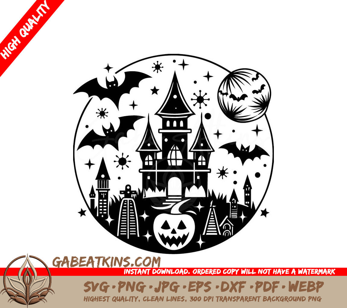 Haunted Castle Halloween SVG - Silhouette with Bats & Pumpkin SVG