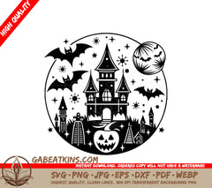 Haunted Castle Halloween SVG - Silhouette with Bats & Pumpkin SVG
