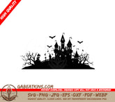 Halloween Haunted Castle Silhouette SVG - Bats, Trees & Day of the Dead SVG