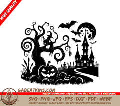 Halloween Witch & Castle Silhouette SVG - Illustration SVG