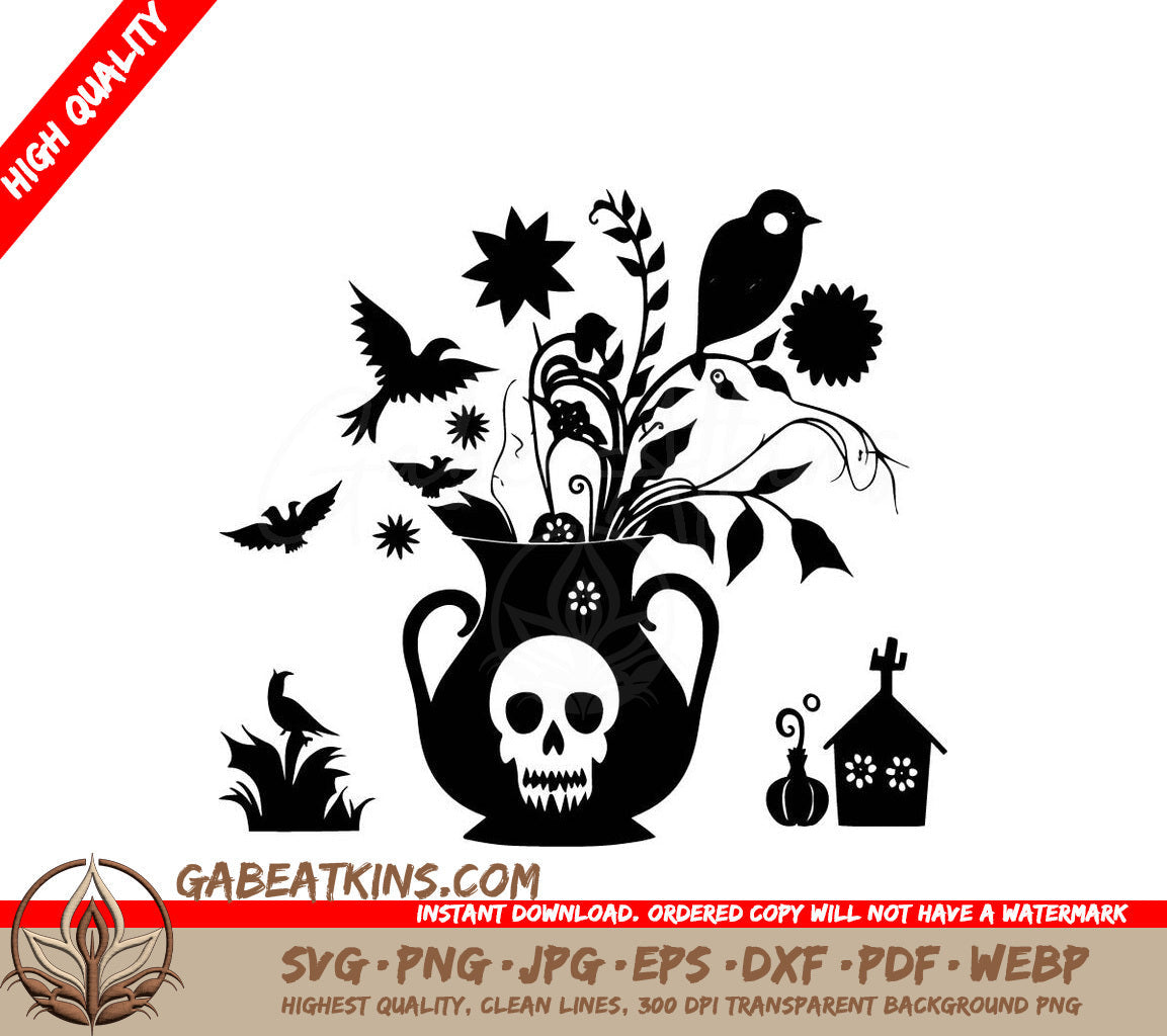 A Vase With A Skull And Flowers In It