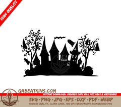 Haunted Castle Silhouette SVG Spooky Halloween Background with Ghosts SVG