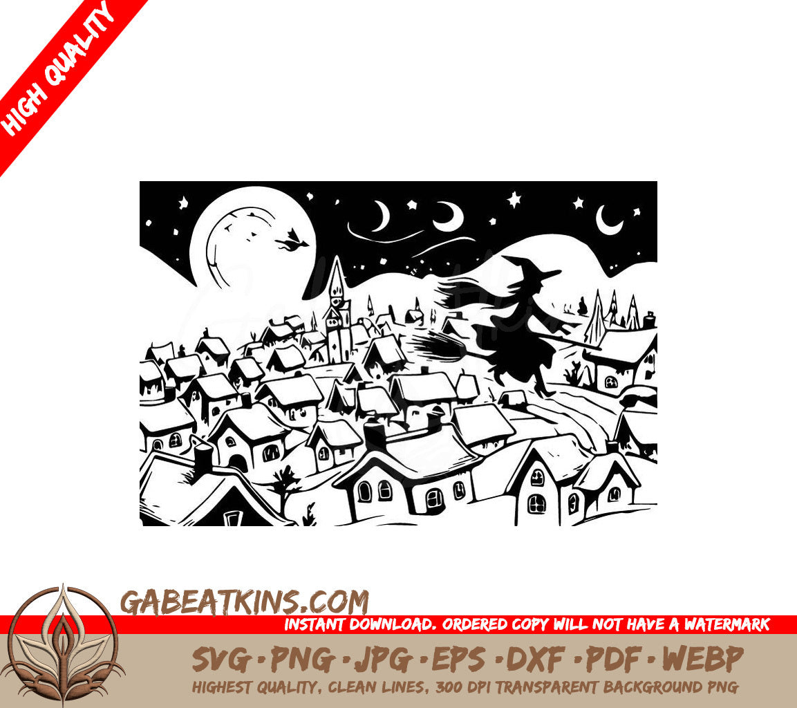 Flying Witch SVG - Halloween Village Illustration SVG