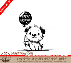 A Dog Holding A Balloon That Says Happy Birthday SVG - Happy Birthday Pup SVG