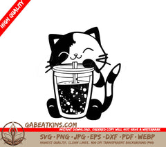 A Cat Drinking From A Cup SVG - Happy Cat Drinking Boba Tea SVG