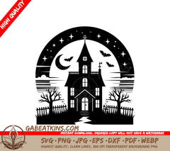 Haunted House Silhouette SVG - Scary House with Bats SVG