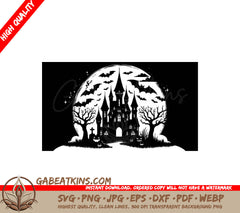 Haunted Castle Full Moon Halloween SVG - Bats, Pumpkins & Creepy Trees SVG