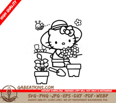Hello Kitty Planting Flowers SVG - Hello Kitty - Simple Hello Kitty Gardener SVG