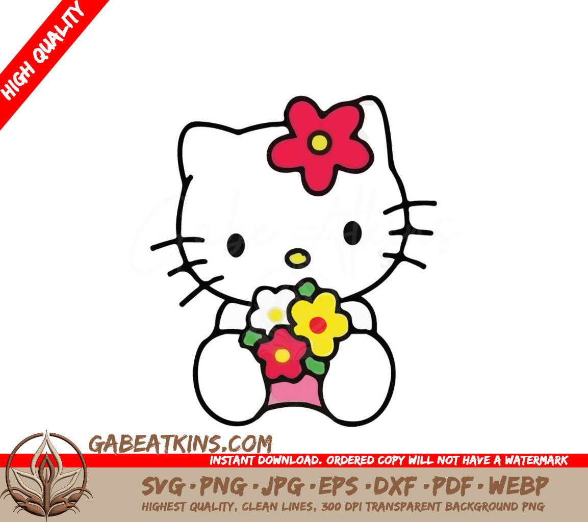 A Drawing Of Hello Kitty With A Red Flower On Her Head SVG - Hello Kitty Holding Flowers and a Flower Bow on her head SVG