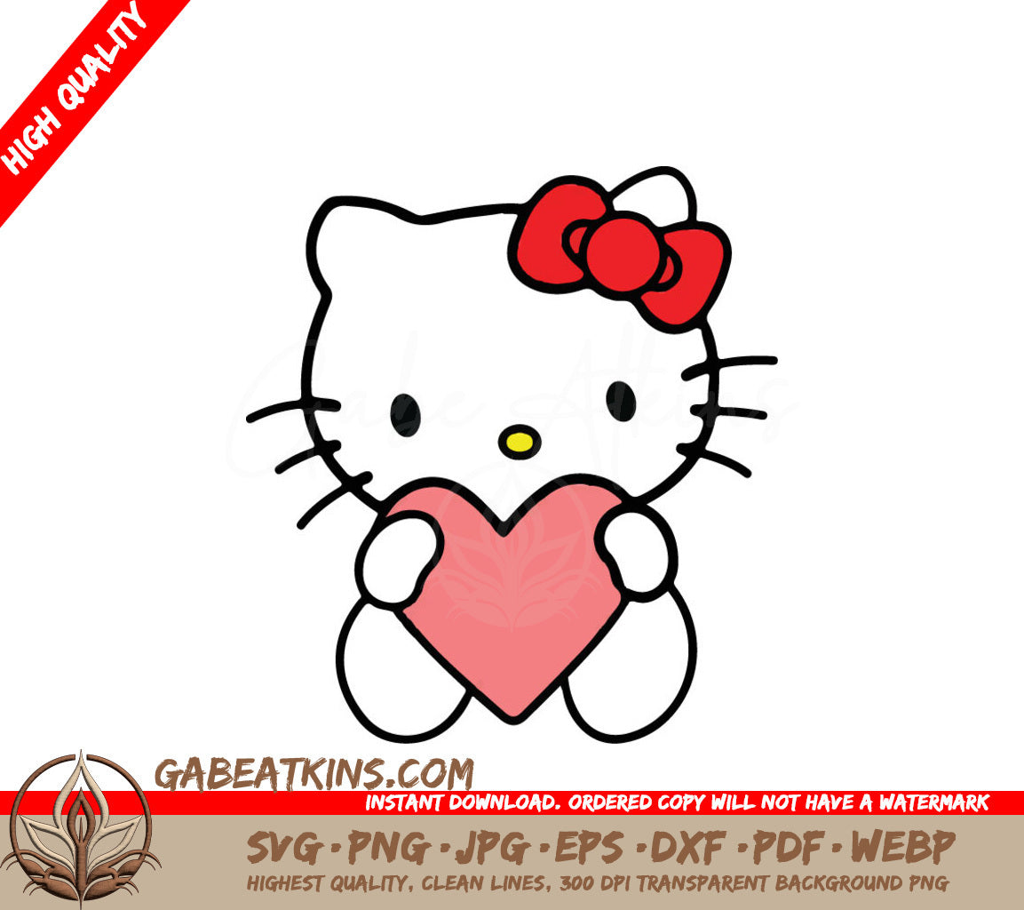 A Drawing Of Hello Kitty Holding A Pink Heart SVG - Hello Kitty Holding a Heart and a Red Bow SVG