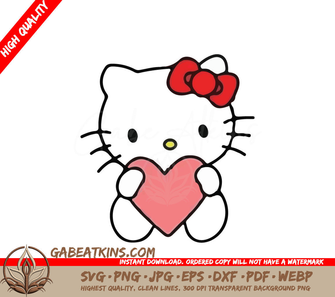 A Drawing Of Hello Kitty Holding A Pink Heart SVG - Hello Kitty Holding a Pink heart and a Red Bow SVG