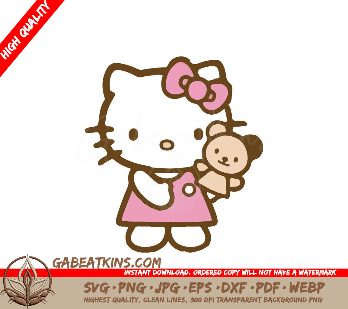 A Drawing Of Hello Kitty Holding A Teddy Bear SVG - Hello Kitty Holding a bear and pink Bow SVG