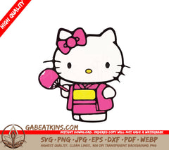 A Cartoon Drawing Of Hello Kitty Holding A Fan SVG - Hello Kitty Pink Bow Right Ear SVG