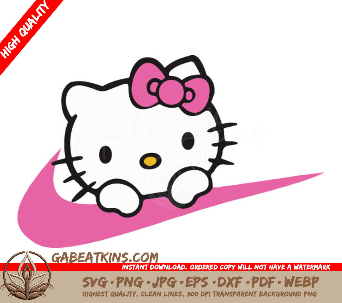 A Drawing Of Hello Kitty With A Pink Bow On Her Head SVG - Hello Kitty on a Nike Swoosh SVG