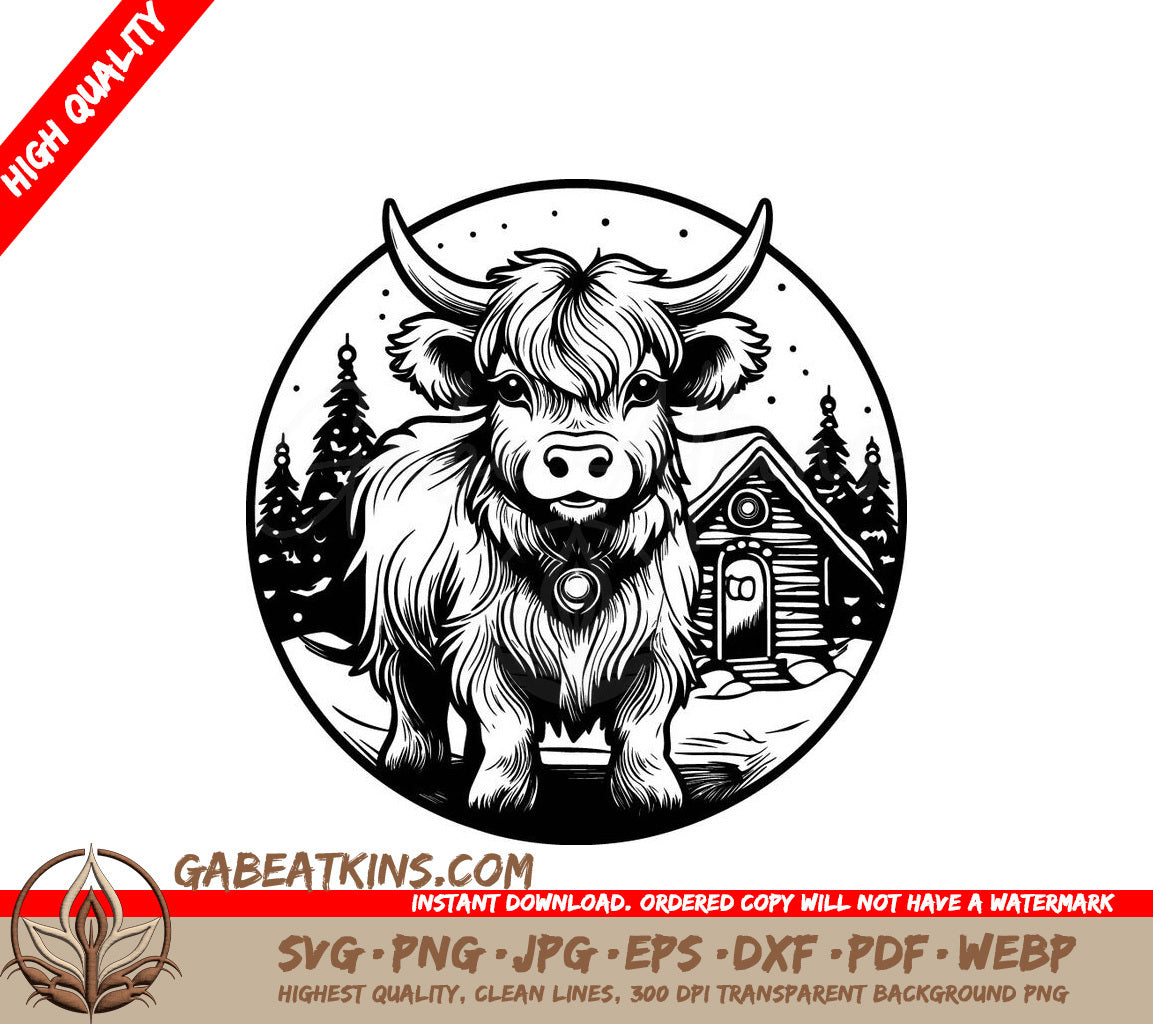 Highland Cow Christmas Cabin SVG -  Drawing SVG