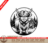 Highland Cow Christmas Cabin SVG -  Drawing SVG