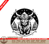 Highland Cow Christmas SVG - Snowy Barn with Trees SVG