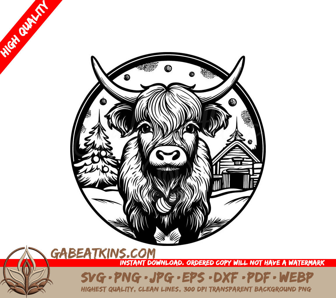 Yak with Trees SVG - Highland Cow Christmas Barn Scene SVG