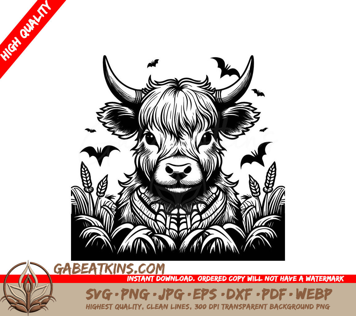 Bull with Bats SVG - Highland Cow Skeleton Moonlight Cornfield SVG