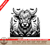 Bull with Bats SVG - Highland Cow Skeleton in Moonlit Cornfield SVG